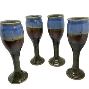 Wine Goblets Flutes Set of Four Ceramic Handmade 1984 Vintage Blue Brown Retro